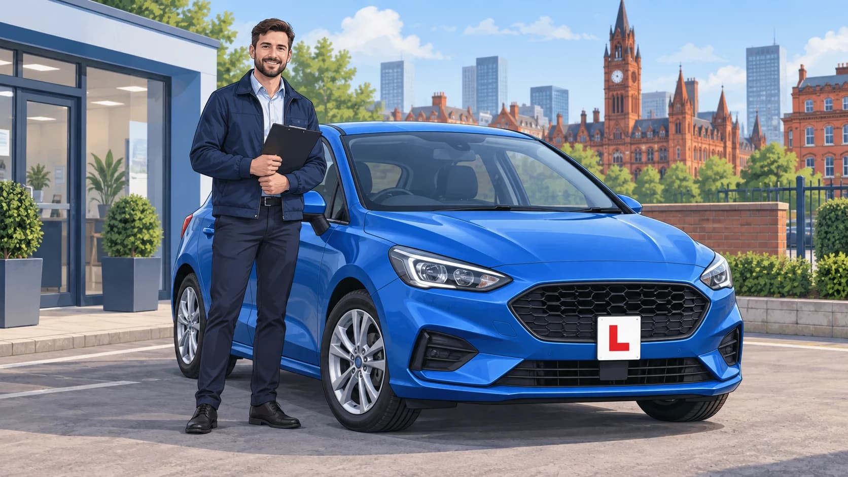 Illustration of a driving instructor beside a blue learner car in Manchester